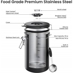Veken Coffee Canister, 39OZ Large Christmas Coffee Lovers Gift Basket Set,Airtight Stainless Steel Food Storage Kitchen Container Gifts for 2.2lbs Beans, Ground, Sugar, Tea, Flour, Cereal,Scoop,Black