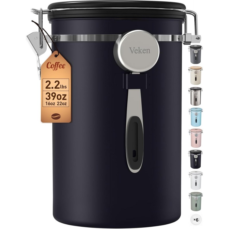Veken Coffee Canister, 39OZ Large Christmas Coffee Lovers Gift Basket Set,Airtight Stainless Steel Food Storage Kitchen Container Gifts for 2.2lbs Beans, Ground, Sugar, Tea, Flour, Cereal,Scoop,Black