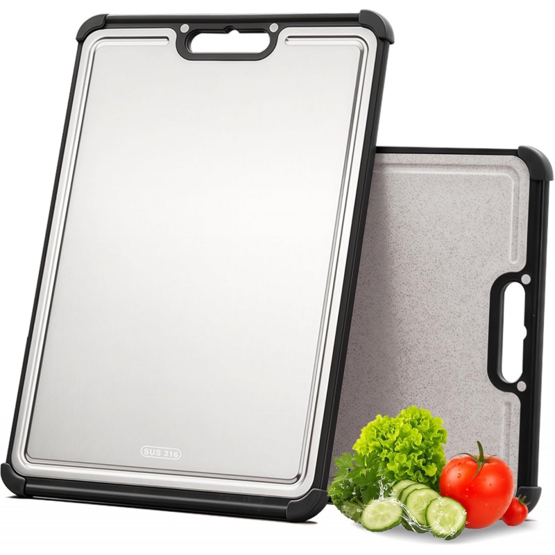 Premium 316 Stainless Steel Cutting Board for Kitchen Extra Large 16.9" x 11.8" Best Non-Toxic Chopping Board for Meat Food-Grade Metal & Eco-Friendly Wheat Straw Dual-Sided Healthy Kitchen Essential