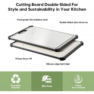 Premium 316 Stainless Steel Cutting Board for Kitchen Extra Large 16.9" x 11.8" Best Non-Toxic Chopping Board for Meat Food-Grade Metal & Eco-Friendly Wheat Straw Dual-Sided Healthy Kitchen Essential