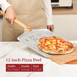 Pizza Cutter Rocker & 12 Inch Rotating Pizza Peel Set - Anodized Aluminum Peel with Wooden Handle, Includes Plastic Blade Guard - Ideal for Pizza Oven Baking & Slicing