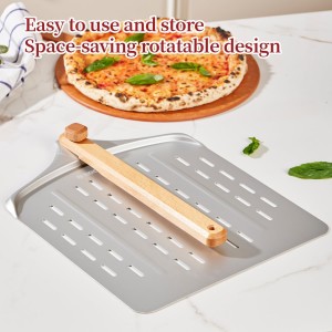 Pizza Cutter Rocker & 12 Inch Rotating Pizza Peel Set - Anodized Aluminum Peel with Wooden Handle, Includes Plastic Blade Guard - Ideal for Pizza Oven Baking & Slicing