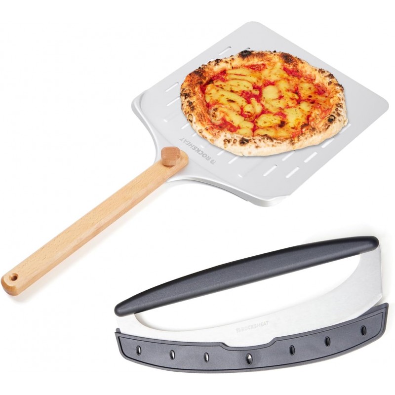 Pizza Cutter Rocker & 12 Inch Rotating Pizza Peel Set - Anodized Aluminum Peel with Wooden Handle, Includes Plastic Blade Guard - Ideal for Pizza Oven Baking & Slicing