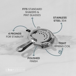 A Bar Above Cocktail Strainer, 4-Prong Bar Strainer with High Density Spring for Smooth Pouring, Fits Boston Shaker Tins and Mixing Glasses, Bar Essentials for Home Bartenders and Pros, Silver Finish