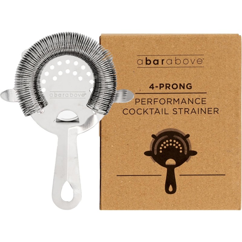 A Bar Above Cocktail Strainer, 4-Prong Bar Strainer with High Density Spring for Smooth Pouring, Fits Boston Shaker Tins and Mixing Glasses, Bar Essentials for Home Bartenders and Pros, Silver Finish