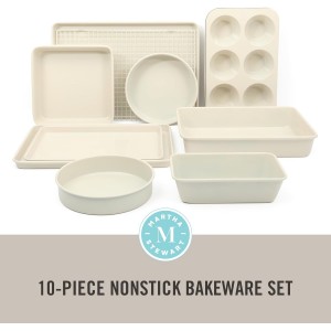 Martha Stewart Gallen 10 Piece Baking Pans Ceramic PFA Free Non Toxic Non Stick Bakeware Set - Linen White