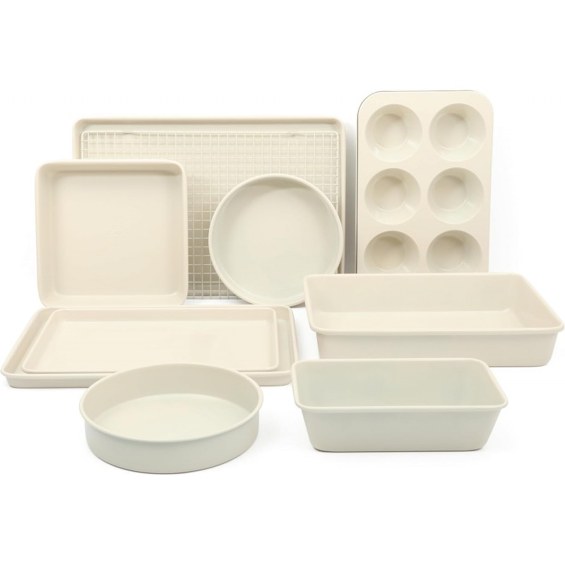 Martha Stewart Gallen 10 Piece Baking Pans Ceramic PFA Free Non Toxic Non Stick Bakeware Set - Linen White