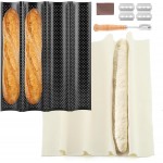 5 Pcs Baguett-e Bread Pan Set,Nonstick 4-Slot Perforated French Breads Baking Pans with Proofing Cloth,Dough Cutter Kit for Home Baker,Baguett-e Tray,15x12 Inch Black Bread Pan