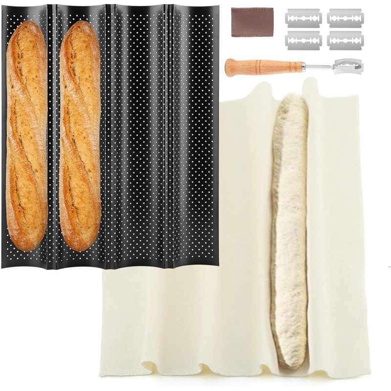 5 Pcs Baguett-e Bread Pan Set,Nonstick 4-Slot Perforated French Breads Baking Pans with Proofing Cloth,Dough Cutter Kit for Home Baker,Baguett-e Tray,15x12 Inch Black Bread Pan
