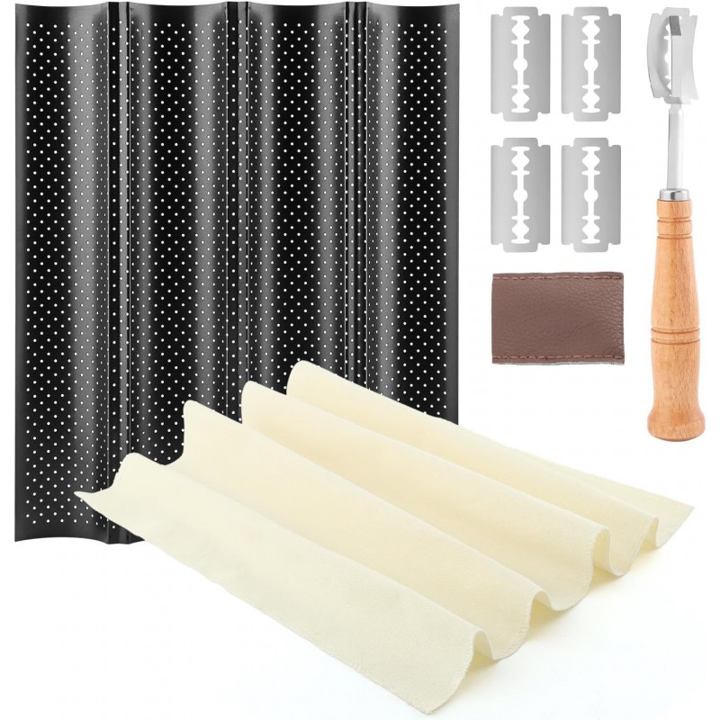 Baguet-te Bread Pan, Baguet-te Baking Kit - Food-Grade Carbon Steel Pan, Cotton Canvas Mat, Stainless Steel Scraper & 6CR13 Blades - Ideal Gift for Every Occasion(COLOR:black white)