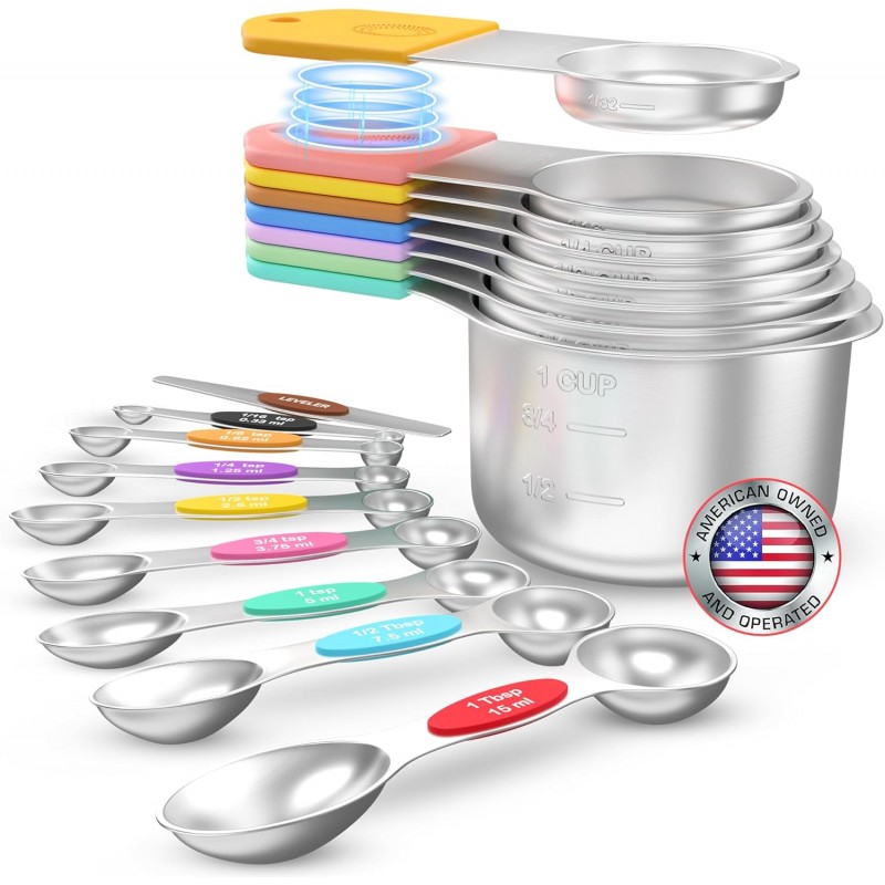 Magnetic Measuring Cups and Spoons Set of 17 - Stackable Stainless Steel Magnetic Measuring Spoons Set with Leveler - Dual Marking Scale Measuring Cup for Dry and Liquid Ingredients, Baking & Cooking