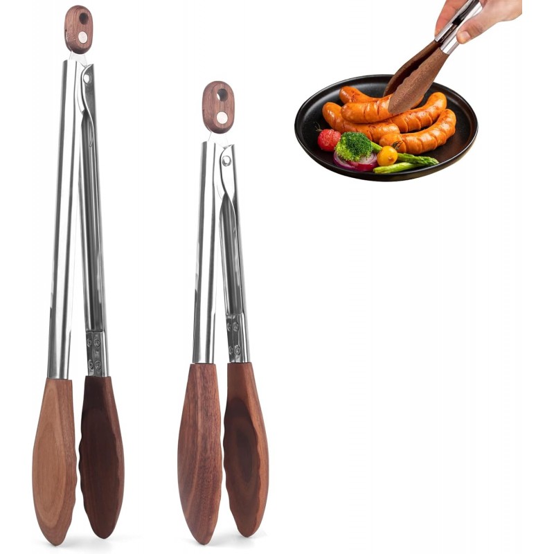 2-pcsTongs for Cooking with Wooden Tips - Nonstick Cooking Tongs & Salad Tongs for Blooming Food，Cooking, BBQ and Tossing Salad - Made of Natural Walnut Wood，Long Style15inch Short Style 11.4inch