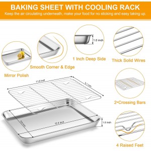 Homikit Baking Sheet with Rack, 9x13 Stainless Steel Quarter Sheet Pan with Wire Cooling Rack Set for Toaster Oven Roasting, Metal Bacon Cookie Trays Nonstick & Rust Free, Dishwasher Safe