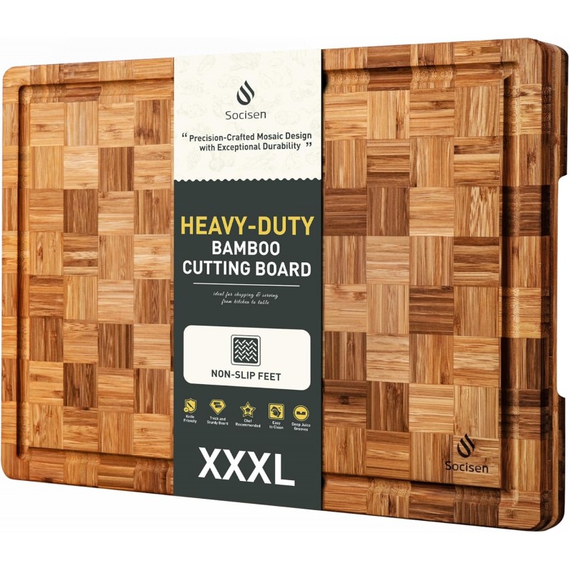 XXX Large Bamboo Cutting Board with Non Slip Feet and Over Sink Butcher Block Chopping Board Nice Solid Thick Wooden Juice Groove Huge Big XXl xlarge Best Hardwood Kitchen Counter Organic