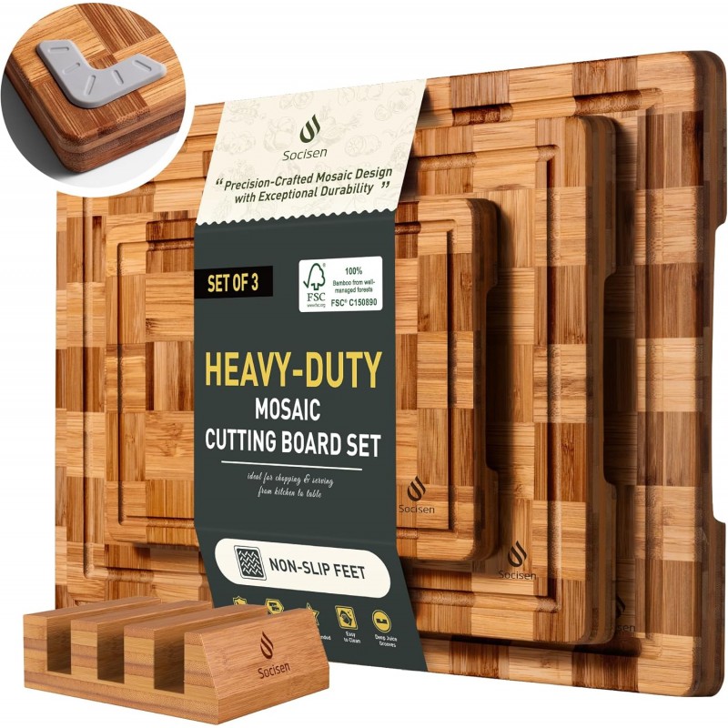 3 Pack Heavy Duty Bamboo Cutting Board Set Non Toxic Wooden Cutting Board for Kitchen Non Slip Solid End Grain Thick Wood Juice Groove Chopping Board Extra Large Butcher Block Best House Warming Gift