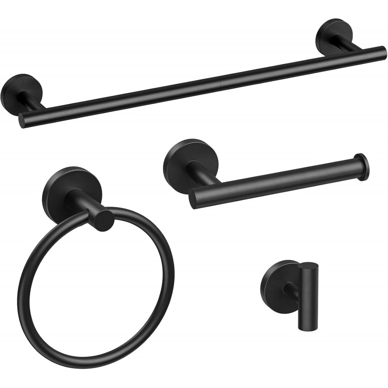 Matte Black Towel Bar Set, 24 Inch Bathroom Hardware Set, Wall Mounted Bathroom Towel Holder Set, Modern Bathroom Accessories, Durable SUS304 Stainless Steel, 4-Piece