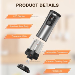 Electric Salt and Pepper Grinder Set, 2-Speed Setting, Stainless Steel Rechargeable Automatic Pepper Mill Shakers with USB Charging Base,100ml Large Capacity, External Adjustable Coarseness,LED Light