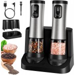 Electric Salt and Pepper Grinder Set, 2-Speed Setting, Stainless Steel Rechargeable Automatic Pepper Mill Shakers with USB Charging Base,100ml Large Capacity, External Adjustable Coarseness,LED Light