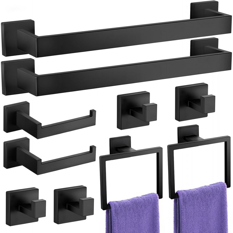 Bathroom Hardware Accessories Set: 10-Pieces Bath Towel Bar Set, Towel Racks for Bathroom Wall Mounted, SUS304 Stainless Steel, Matte Black