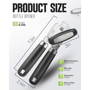 Multifunctional Can Opener Manual, Durable Heavy Duty Handheld Strong Can Opener with Smooth Cutting Edge, Friendly Kitchen Essentials Tool for Seniors, Camping and Bottle Opening-Black