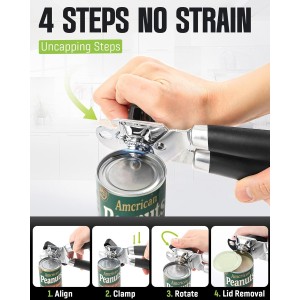 Multifunctional Can Opener Manual, Durable Heavy Duty Handheld Strong Can Opener with Smooth Cutting Edge, Friendly Kitchen Essentials Tool for Seniors, Camping and Bottle Opening-Black
