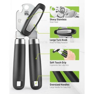 Multifunctional Can Opener Manual, Durable Heavy Duty Handheld Strong Can Opener with Smooth Cutting Edge, Friendly Kitchen Essentials Tool for Seniors, Camping and Bottle Opening-Black