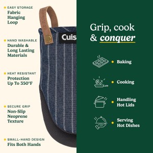 Cuisinart Heritage Mini Oven Mitts – 5.5” x 7” Heat-Resistant Kitchen Mitts for Oven with Non-Slip Neoprene Palm, Cotton Filling, and Faux Leather Loop – Durable Oven Mitt Set for Cooking & Baking