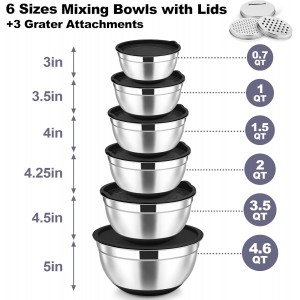 TeamFar Mixing Bowls, 6 PCS Stainless Steel Nesting Salad Bowl with Lids & 3 Graters, For Kitchen Cooking Serving Prepping, Airtight & Non-Slip, Size 4.6/3.5/2/1.5/1/0.7 QT, Black