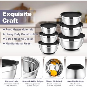 TeamFar Mixing Bowls, 6 PCS Stainless Steel Nesting Salad Bowl with Lids & 3 Graters, For Kitchen Cooking Serving Prepping, Airtight & Non-Slip, Size 4.6/3.5/2/1.5/1/0.7 QT, Black