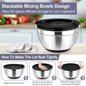TeamFar Mixing Bowls, 6 PCS Stainless Steel Nesting Salad Bowl with Lids & 3 Graters, For Kitchen Cooking Serving Prepping, Airtight & Non-Slip, Size 4.6/3.5/2/1.5/1/0.7 QT, Black