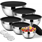 TeamFar Mixing Bowls, 6 PCS Stainless Steel Nesting Salad Bowl with Lids & 3 Graters, For Kitchen Cooking Serving Prepping, Airtight & Non-Slip, Size 4.6/3.5/2/1.5/1/0.7 QT, Black