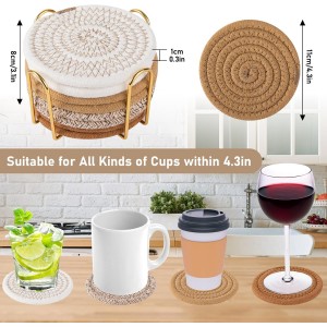 OIAHOMY 8 Pcs Coasters with Holder for Beer, Coffee, Woven Cotton Coaster Set for Table Decor for Kitchen, Bar, Dining Room, Living Room, Housewarming Gifts - Yellow