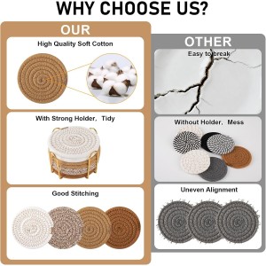 OIAHOMY 8 Pcs Coasters with Holder for Beer, Coffee, Woven Cotton Coaster Set for Table Decor for Kitchen, Bar, Dining Room, Living Room, Housewarming Gifts - Yellow