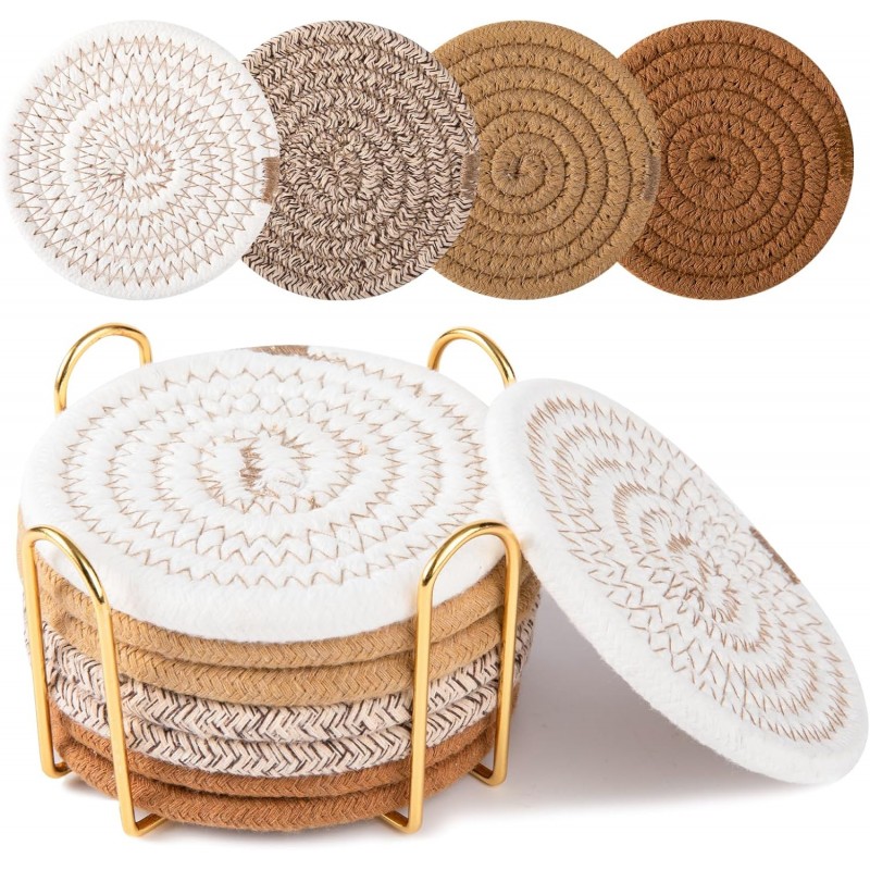 OIAHOMY 8 Pcs Coasters with Holder for Beer, Coffee, Woven Cotton Coaster Set for Table Decor for Kitchen, Bar, Dining Room, Living Room, Housewarming Gifts - Yellow