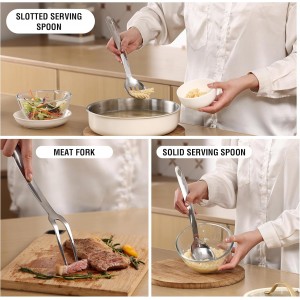 Stainless Steel Cooking Utensils Set, 7PCS Kitchen Utensils Set, Durable Kitchen Utensils - Meat Fork, Solid Serving Spoon, Ladle, Pasta Fork, Skimmer, Slotted Serving Spoon, Slotted Spatula