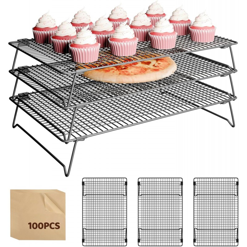 3 Layer Detachable Collapsible Cooling Racks, 17 * 11 Inch Cooling Wire Rack Stackable Drying Rack Cookie Rack Bread Cooling Rack