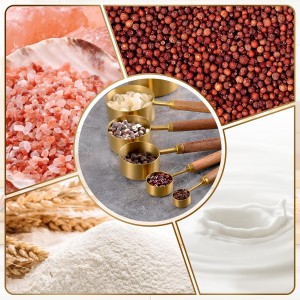 Premium Stainless Steel Measuring Cups and Spoons Set with Wood Handle, 8-Pieces Kitchen Essentials for Baking, Cooking, Coffee with Ergonomic Grip & Engraved Markings (Gold8)