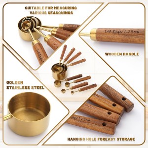 Premium Stainless Steel Measuring Cups and Spoons Set with Wood Handle, 8-Pieces Kitchen Essentials for Baking, Cooking, Coffee with Ergonomic Grip & Engraved Markings (Gold8)