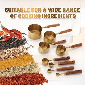 Premium Stainless Steel Measuring Cups and Spoons Set with Wood Handle, 8-Pieces Kitchen Essentials for Baking, Cooking, Coffee with Ergonomic Grip & Engraved Markings (Gold8)