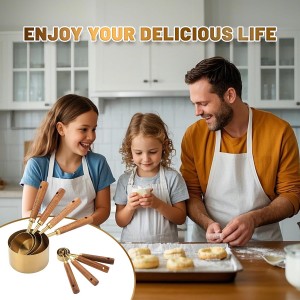 Premium Stainless Steel Measuring Cups and Spoons Set with Wood Handle, 8-Pieces Kitchen Essentials for Baking, Cooking, Coffee with Ergonomic Grip & Engraved Markings (Gold8)