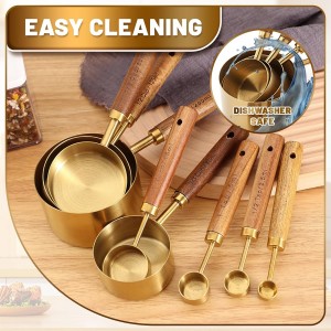 Premium Stainless Steel Measuring Cups and Spoons Set with Wood Handle, 8-Pieces Kitchen Essentials for Baking, Cooking, Coffee with Ergonomic Grip & Engraved Markings (Gold8)
