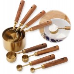 Premium Stainless Steel Measuring Cups and Spoons Set with Wood Handle, 8-Pieces Kitchen Essentials for Baking, Cooking, Coffee with Ergonomic Grip & Engraved Markings (Gold8)