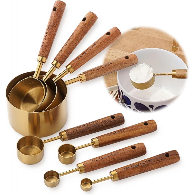 Premium Stainless Steel Measuring Cups and Spoons Set with Wood Handle, 8-Pieces Kitchen Essentials for Baking, Cooking, Coffee with Ergonomic Grip & Engraved Markings (Gold8)
