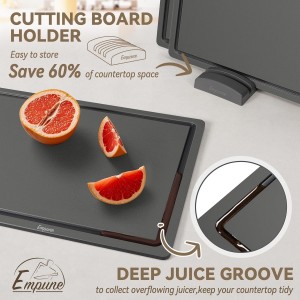 Plastic Cutting Board Set, Recycled Plastic Cutting Boards for Kitchen (Set of 3), Dishwasher Safe Large Chopping Board with Holder, Non-slip Feet and Juice Grooves, Nonporous, Grey