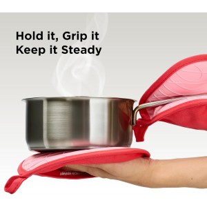 Kitchen Mama Silicone Pot Holders - Heat Resistant, Non-Slip Surface, Dual Pocket Design with Soft Cotton Lining, Safe, Durable, Stylish, Practical for Everyday Use Hot Oven, Bowl, Pan (Red)