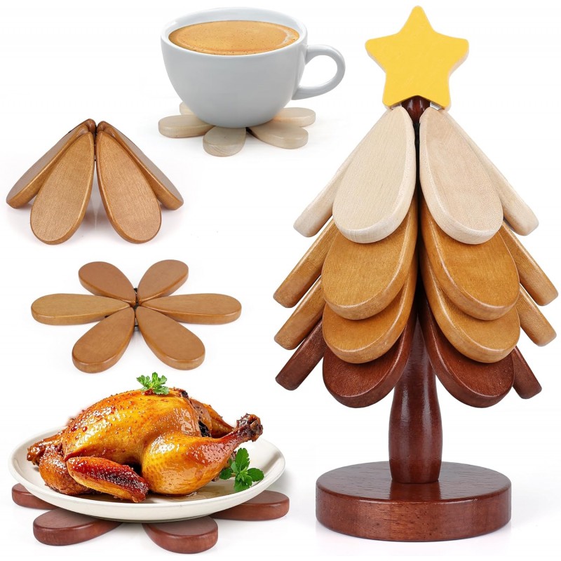 Wooden Trivets for Hot Dishes, Trivet Tree Christmas Tree Trivet Coasters Set of 4 for Hot Pot Pans Bowls Drinks Plates, Table Decor Coaster for Home and Restaurant