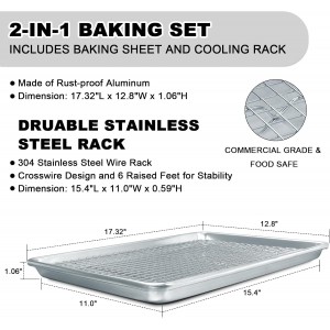 Half Sheet Pans with Rack Set, 18 Inch Commercial Quality Baking Sheet Pan Set, Natural Aluminum Cookie Sheet, Warp Resistant Nonstick Thick Cookie Tray Pans for Baking, Roasting