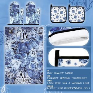 Leinuosen 8 Pcs Blue Rose Kitchen Towels and Dishcloths Sets Oven Mitts and Pot Holders Sets Absorbent Kitchen Gloves Potholders Heat Resistant for Chef Baking Cooking