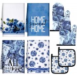 Leinuosen 8 Pcs Blue Rose Kitchen Towels and Dishcloths Sets Oven Mitts and Pot Holders Sets Absorbent Kitchen Gloves Potholders Heat Resistant for Chef Baking Cooking