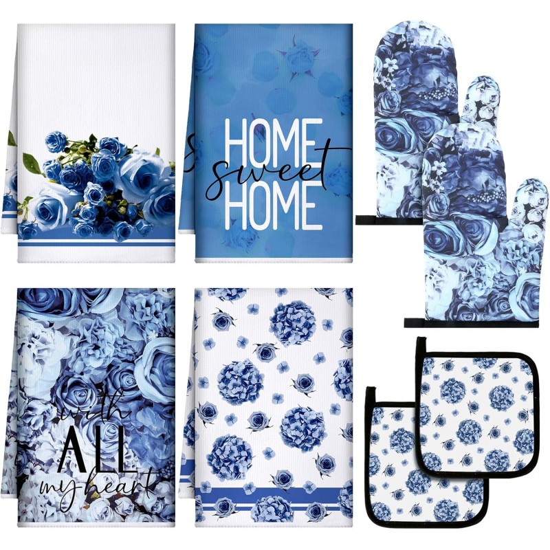 Leinuosen 8 Pcs Blue Rose Kitchen Towels and Dishcloths Sets Oven Mitts and Pot Holders Sets Absorbent Kitchen Gloves Potholders Heat Resistant for Chef Baking Cooking